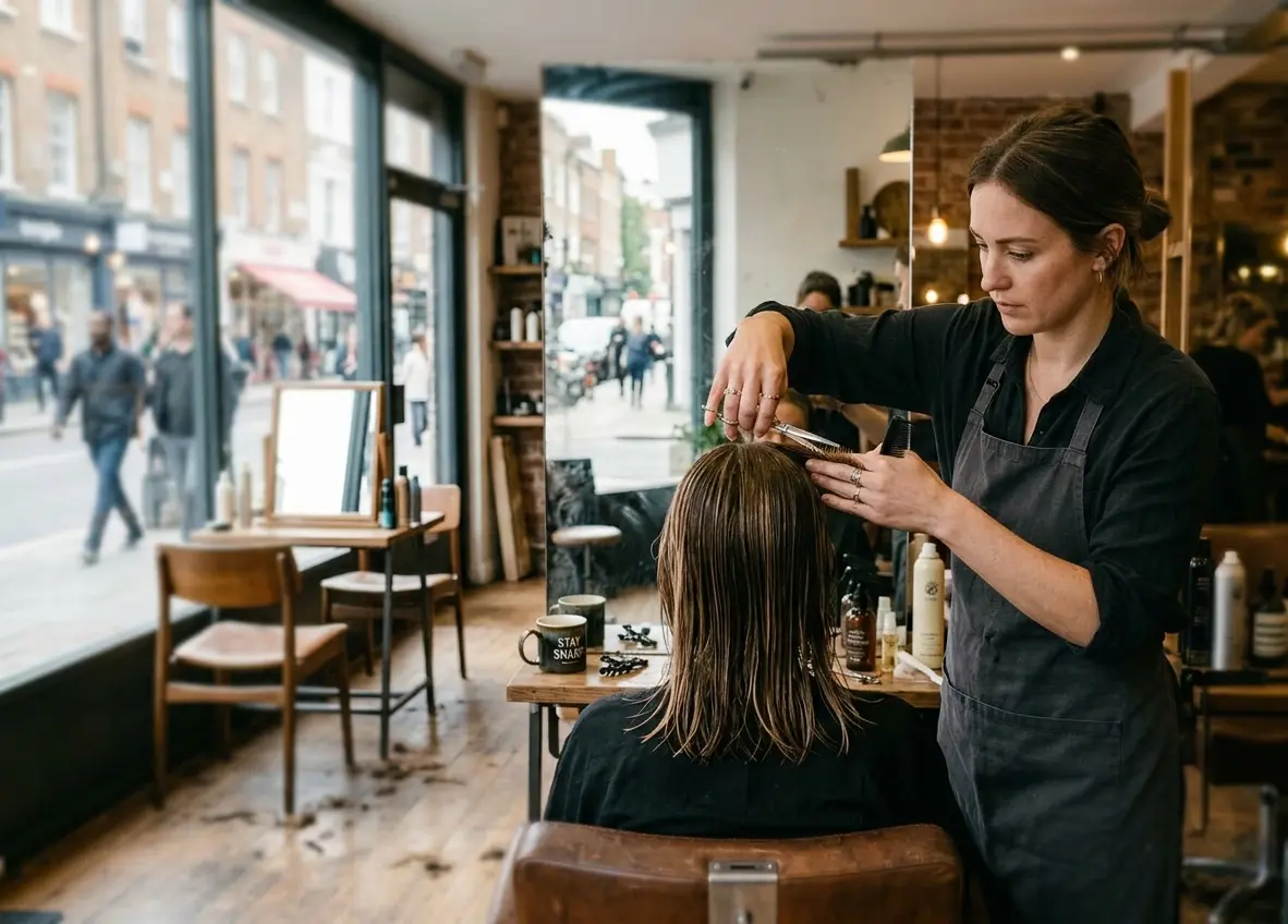 Friseur schneidet einer Kundin im Salon die Haare