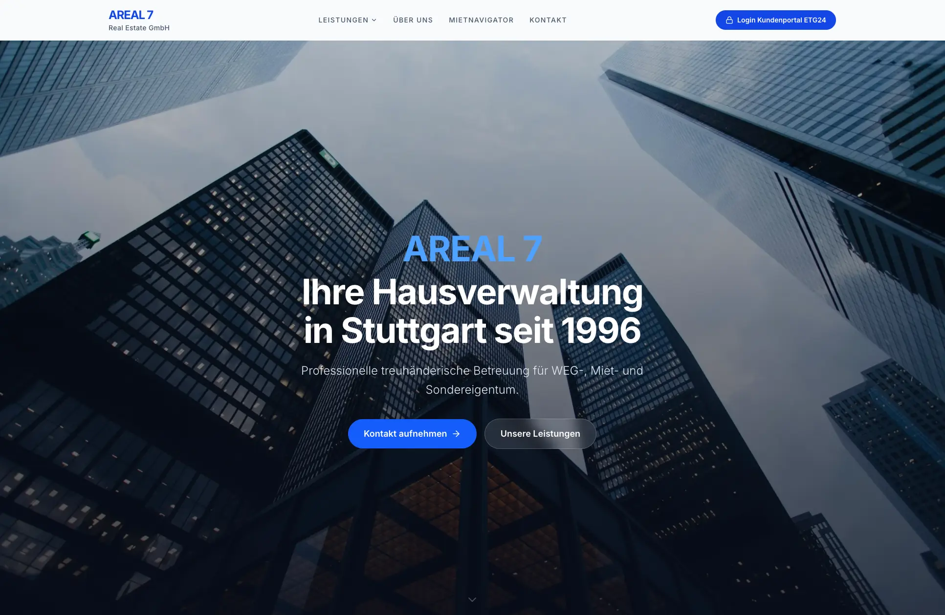 Screenshot der AREAL 7 Real Estate Website, Stuttgarter Immobilienverwaltung mit WEG- und Mietverwaltung
