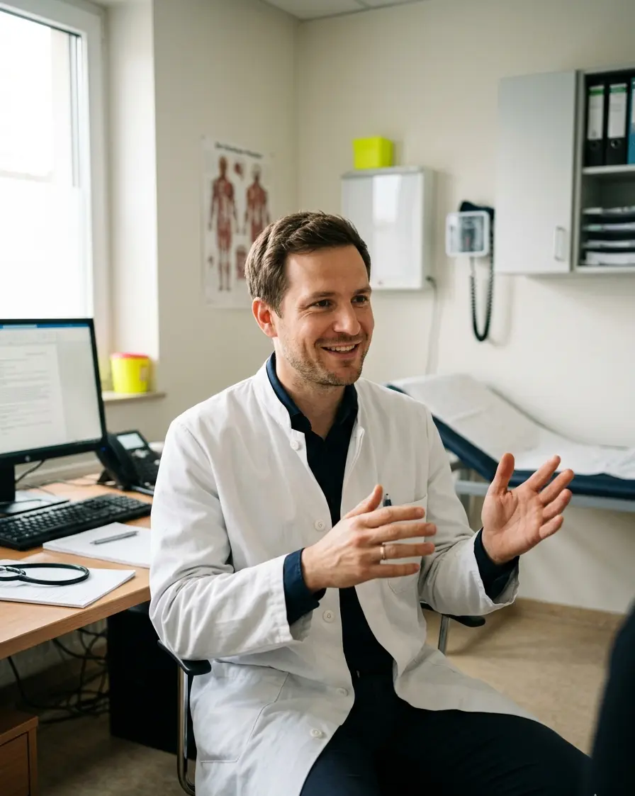 Praxis-Inhaberin im Sprechzimmer, fokussiert beim Patientengespr&auml;ch