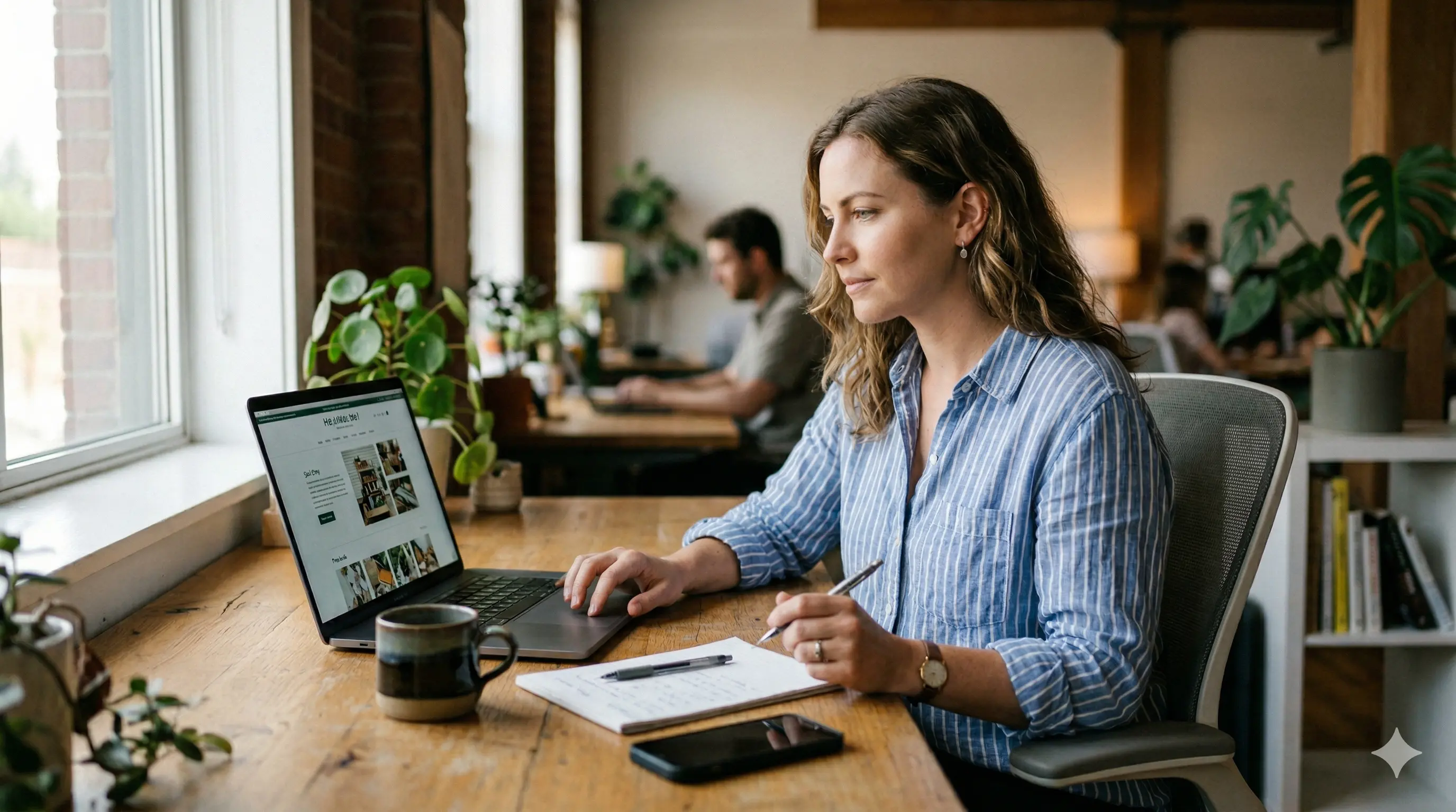 Frau arbeitet am Laptop an einer Website