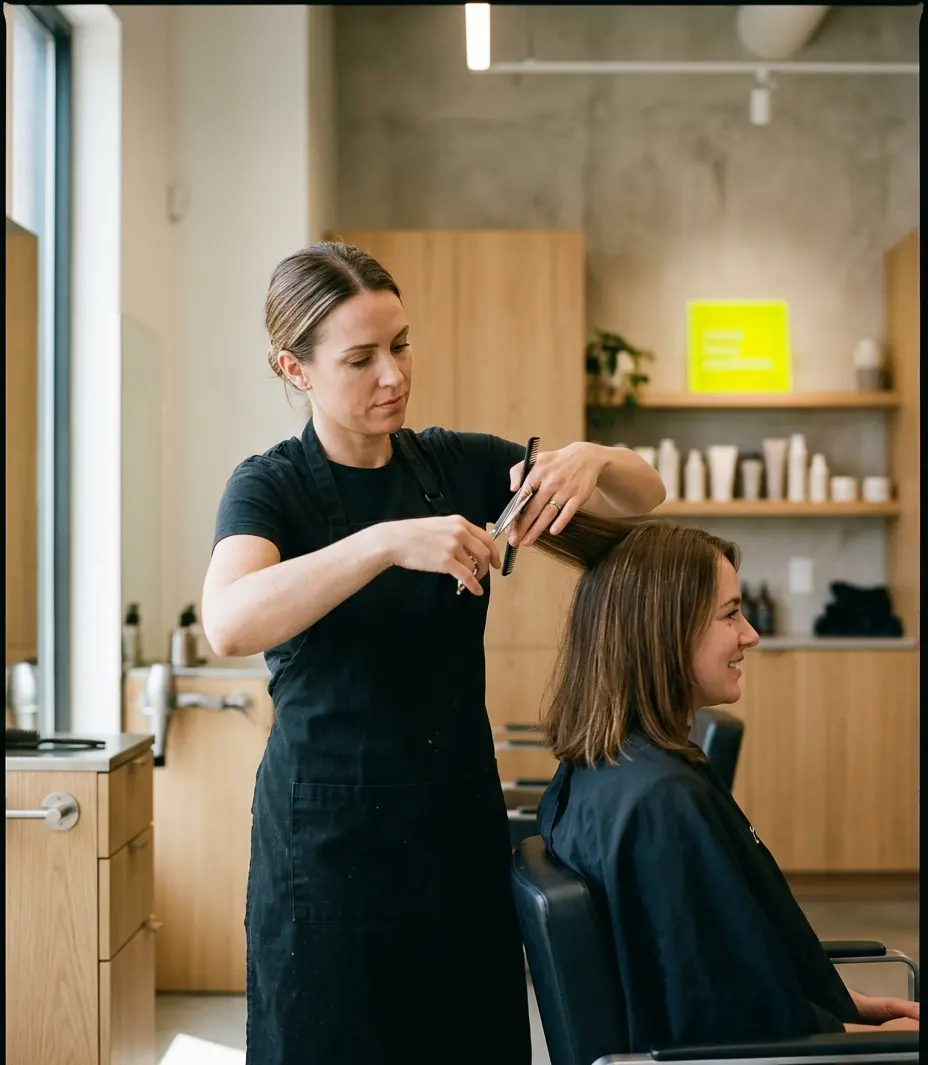 Friseursalon-Inhaberin am Stuhl, fokussiert beim Schnitt