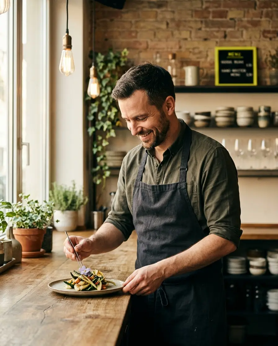Gastronom hinter dem Tresen, fokussiert beim Service