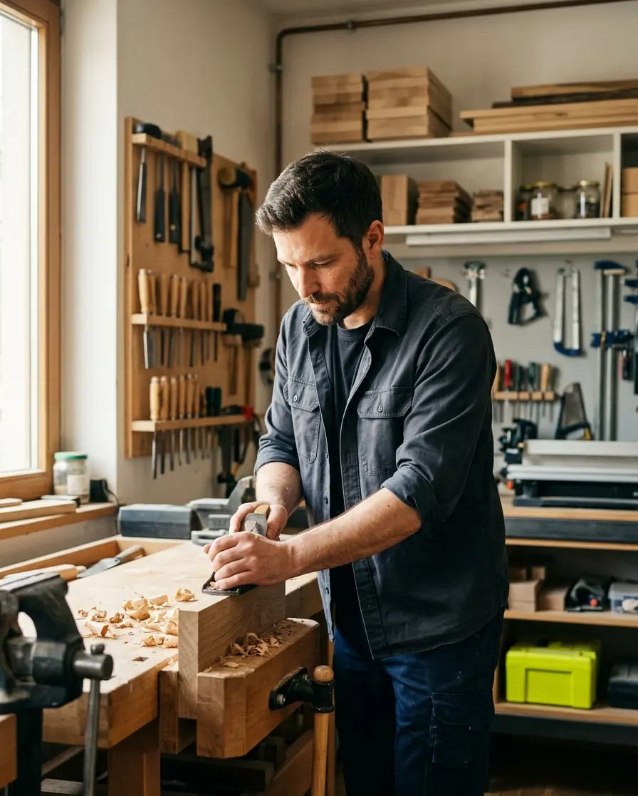Handwerksmeister auf der Baustelle, fokussiert bei der Arbeit
