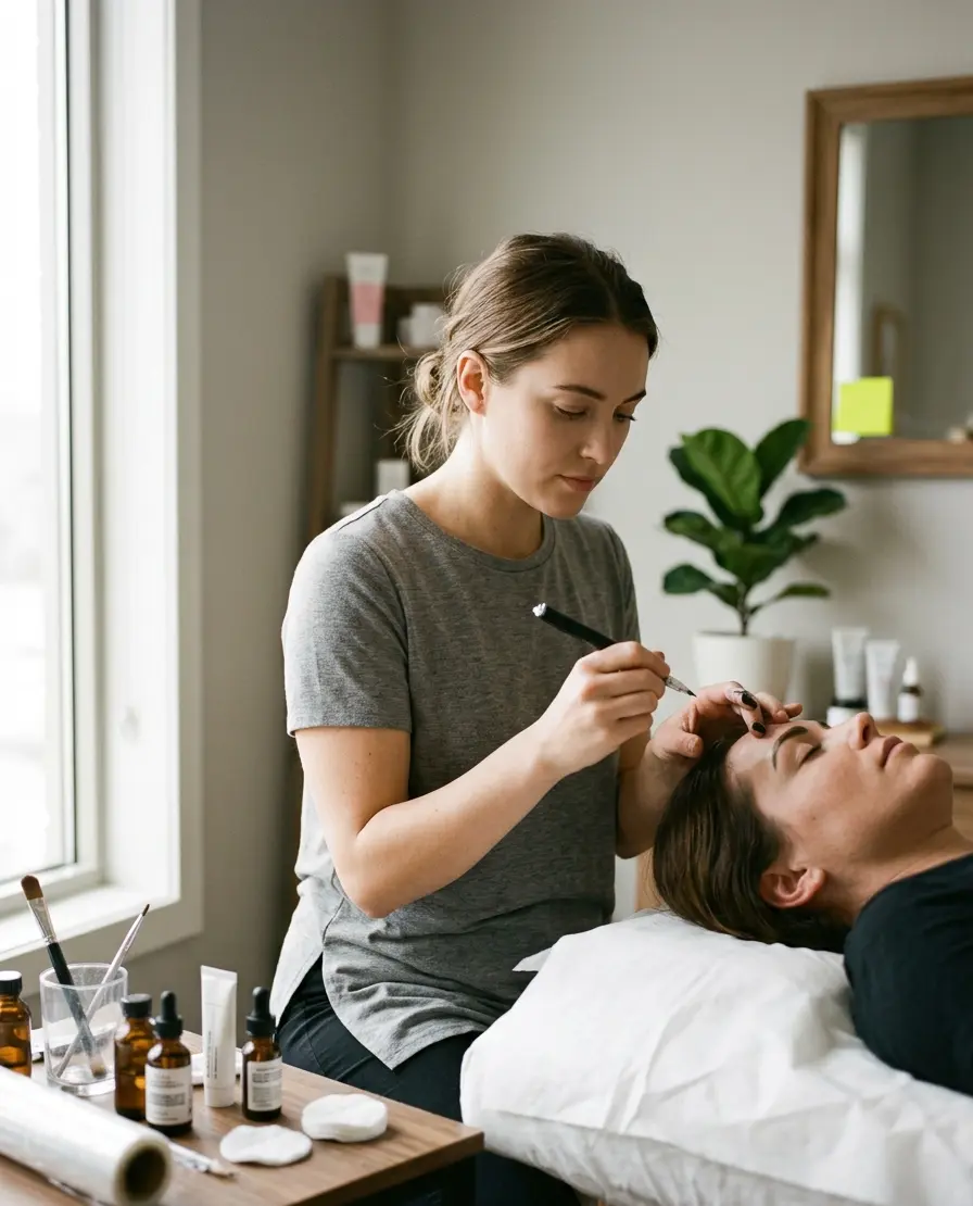 Kosmetikstudio-Inhaberin am Behandlungsplatz, fokussiert bei der Arbeit