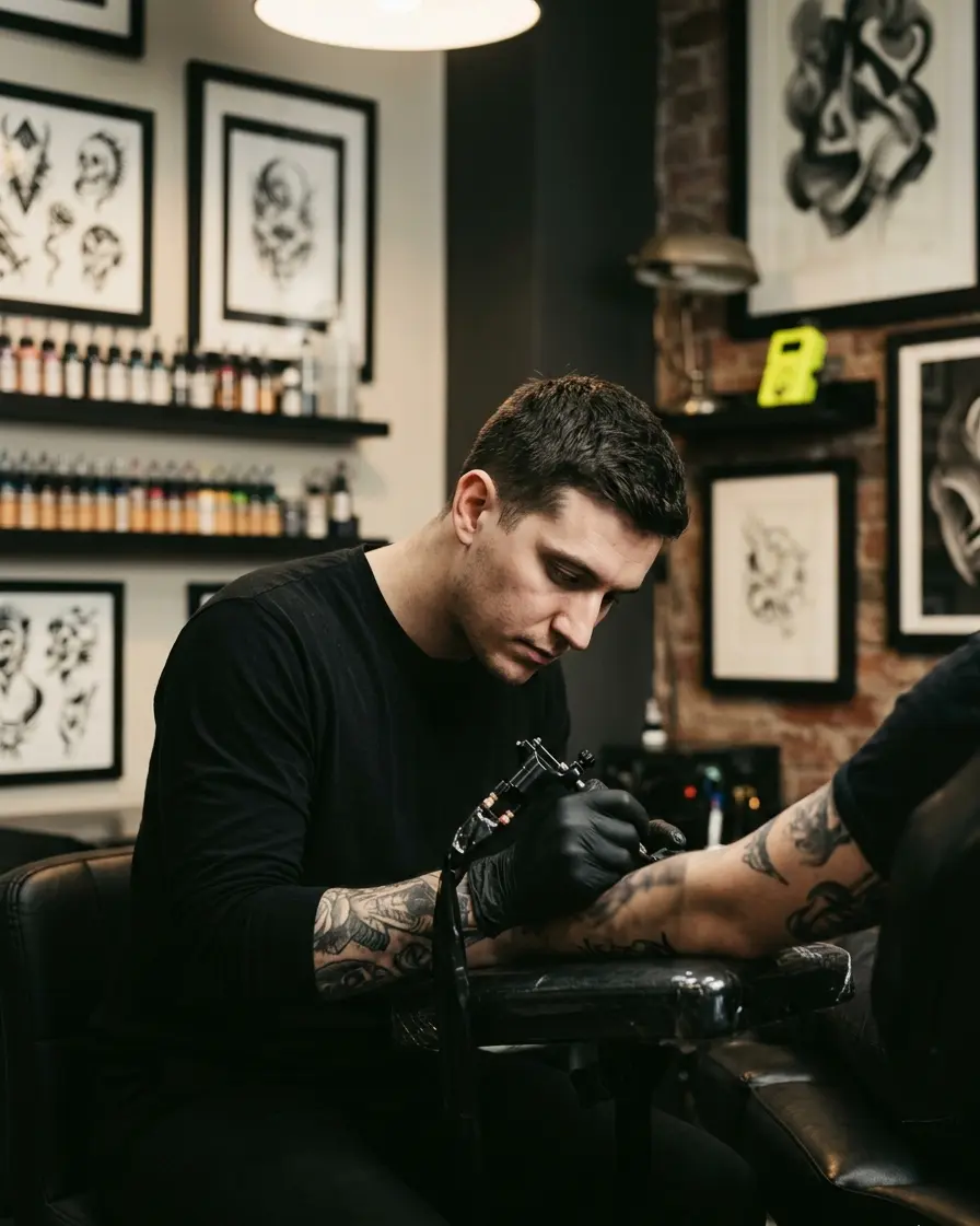Tattoo-Artist im Studio, fokussiert beim Stechen
